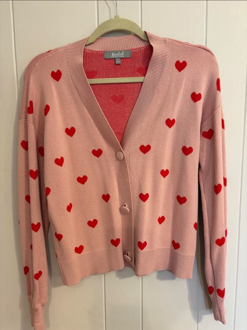 Marled Pink Heart-Print V-Neck Cardigan
